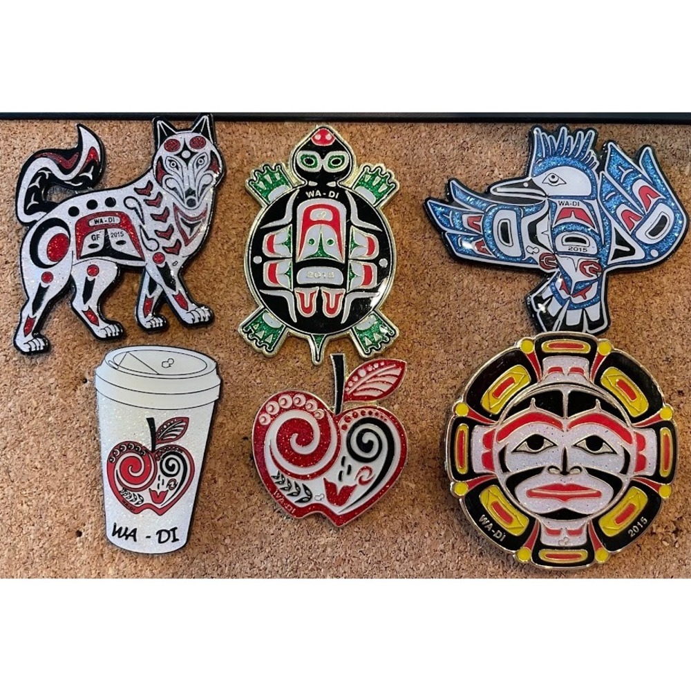 WA-DI 2015 Indigenous Northwest Coast Art Enamel Pin Set Wolf Turtle Bird Sun